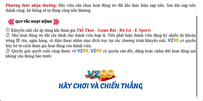 Khuyến Mãi VZ99 - Phát Thưởng Nghìn Tỷ, Nhận Quà Nhanh 2 quy-dinh-nhan-khuyen-mai-vz99